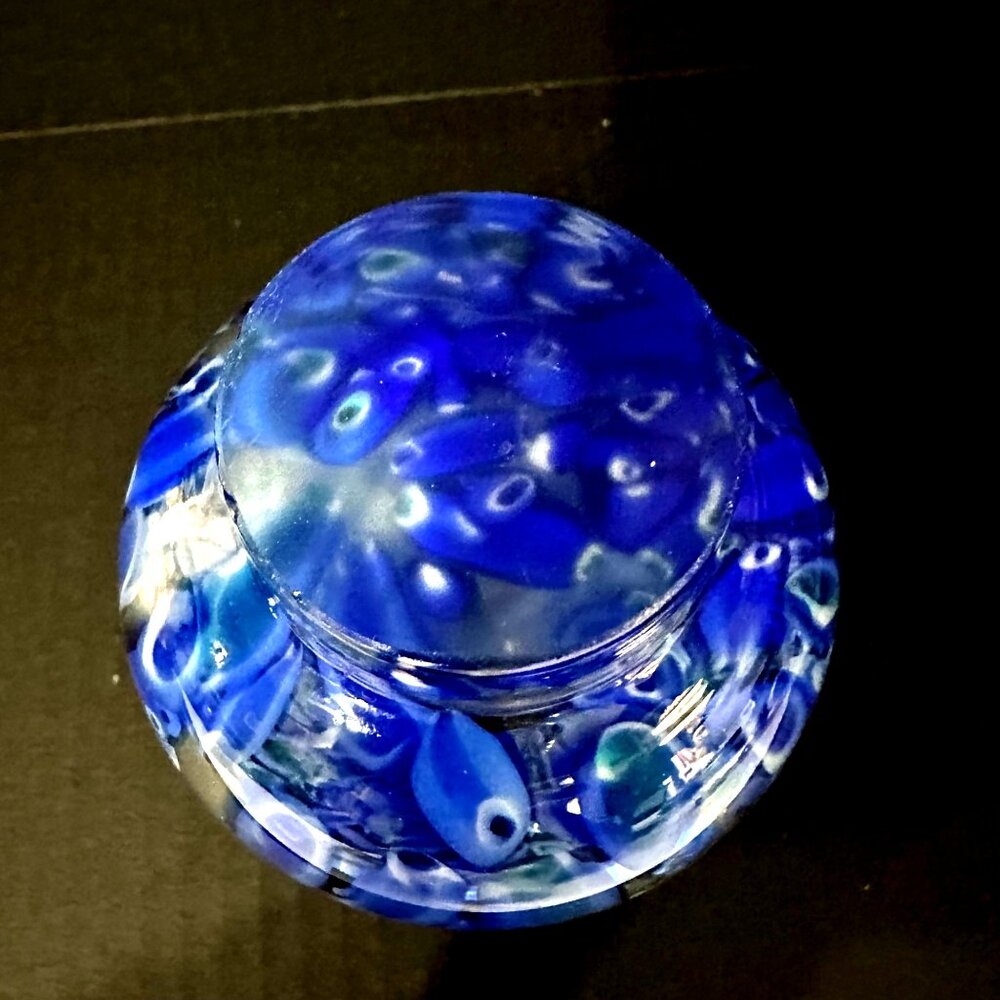 Cobalt blue spotted confetti hand blown art glass 5.5” vase smooth pontil - Picture 3 of 5